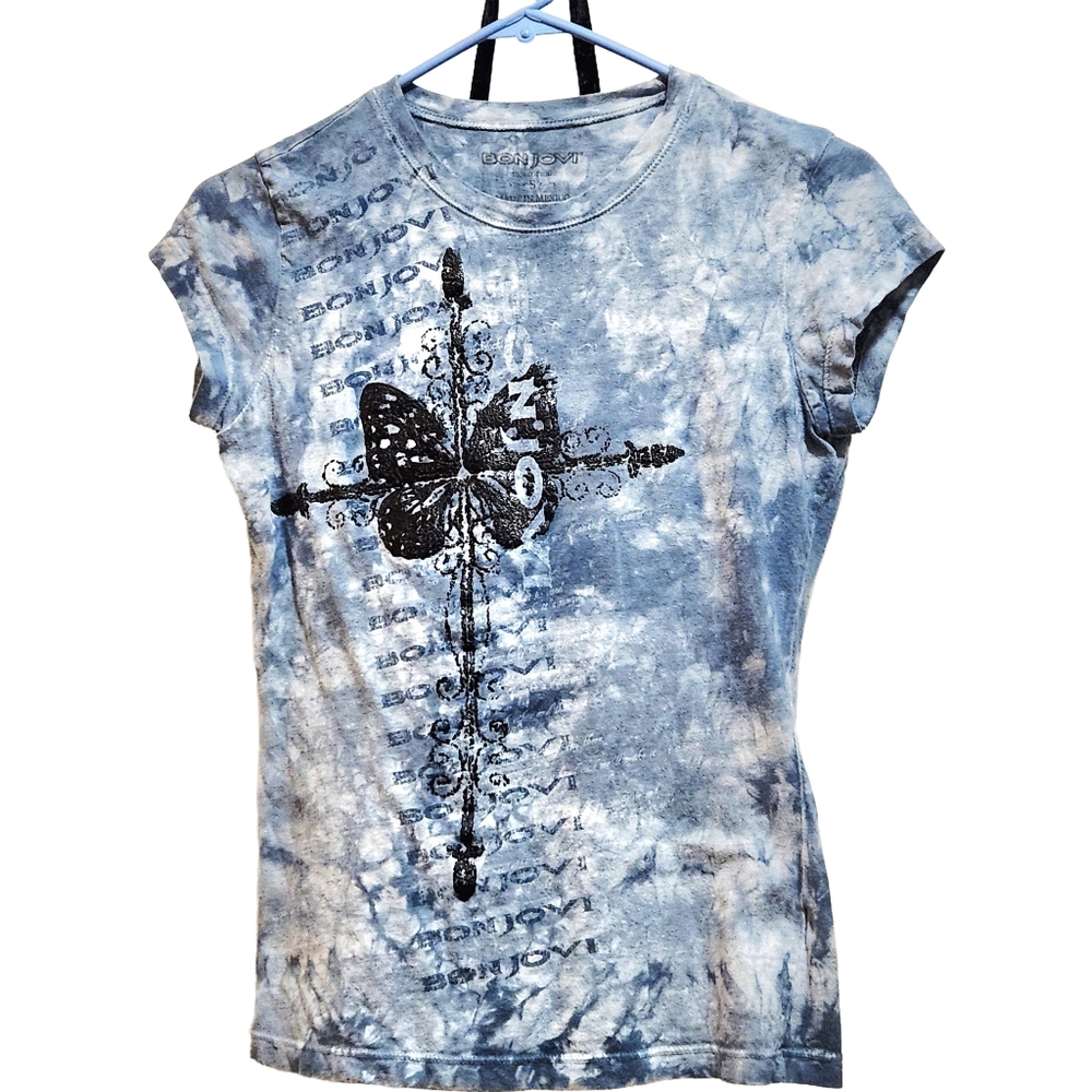 Bon Jovi Tie Dye T-Shirt Blue Size XS Cap Sleeves